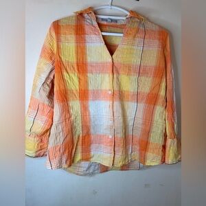 Foxcroft Orange Yellow Plaid Button Down Shirt Size 6 Fitted Stretch